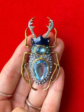 American Vintage Blue and Gold Crystal Beetle Brooch